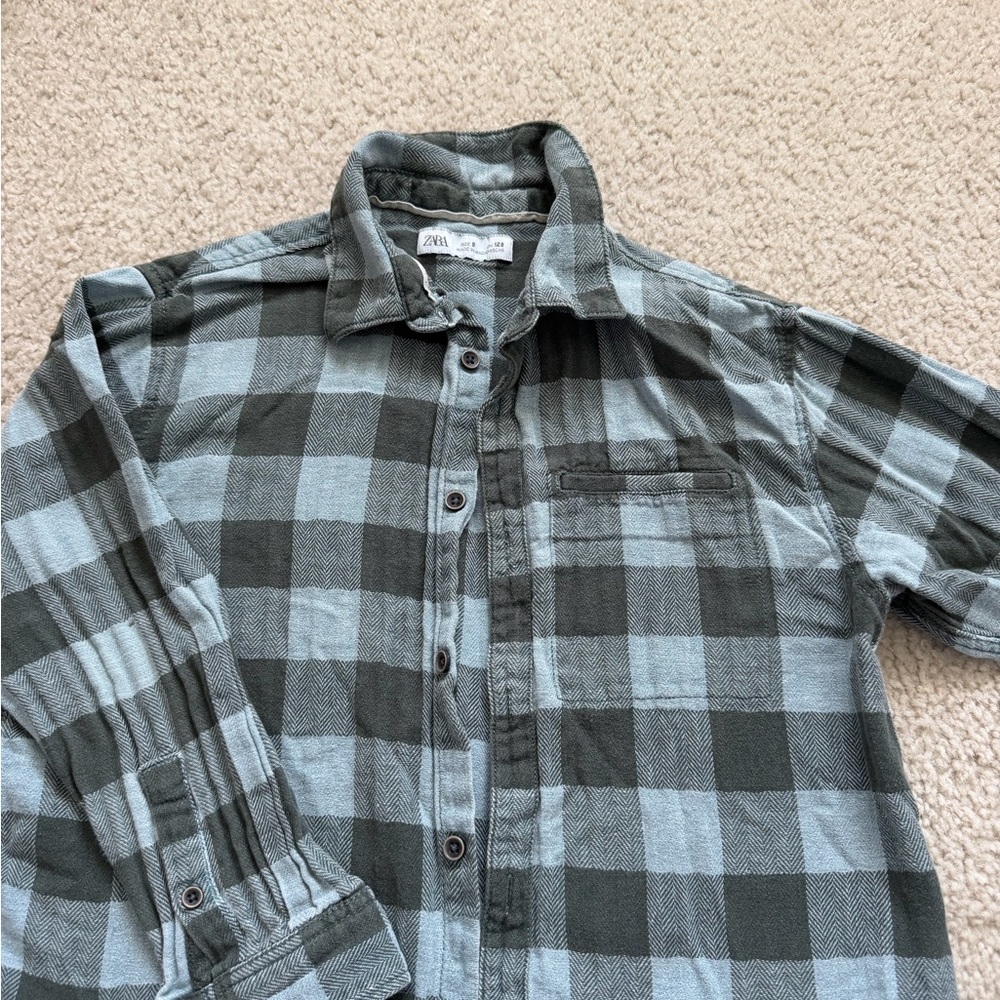 Zara boys Green and Light Turquoise Check Button-Down Shirt